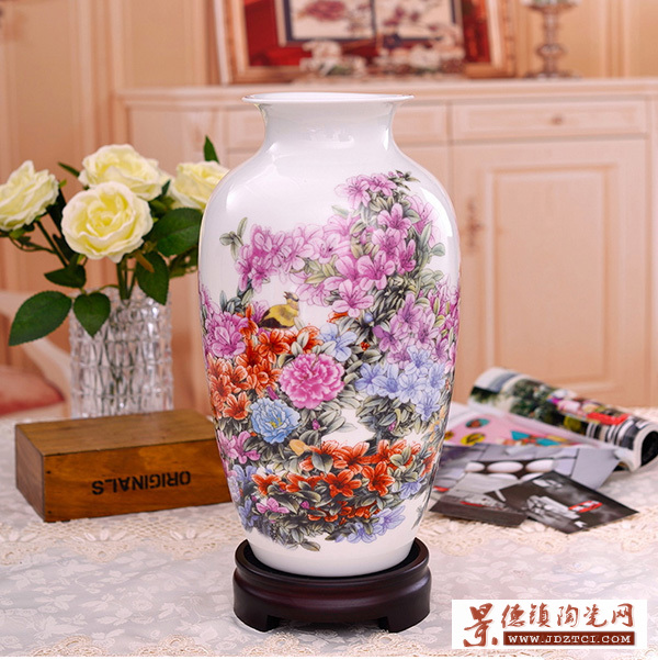 新中式陶瓷花瓶景德镇工艺品摆件装饰客厅插花瓶杜鹃花鸟瓷瓶大号