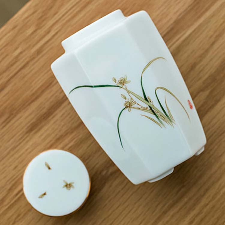 新款青白瓷茶叶罐手绘陶瓷密封罐茶盒茶具便携小号旅行花茶罐茶仓