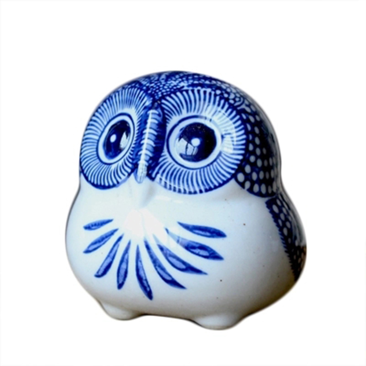 新中式青花猫头鹰陶瓷动物摆件 客厅书房雕塑瓷 家居创意装饰品礼品