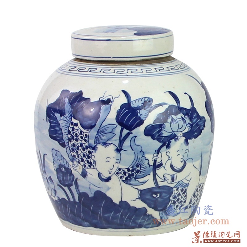 RZKT04-N 景德镇陶瓷 清代手工绘画青花富贵鱼盖罐