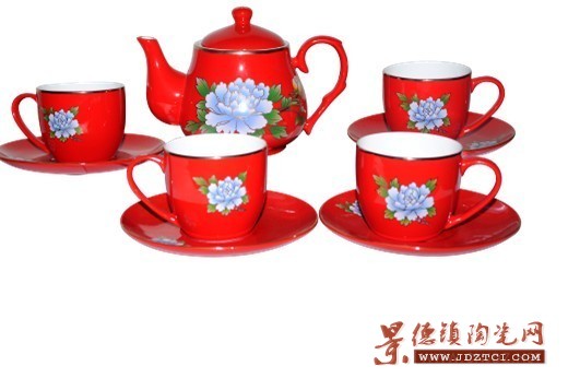 牡丹万寿红瓷茶具