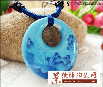 生辉堂 景德镇陶瓷饰品 纯手工制作 蓝颜色釉荷花项链 民族风 女