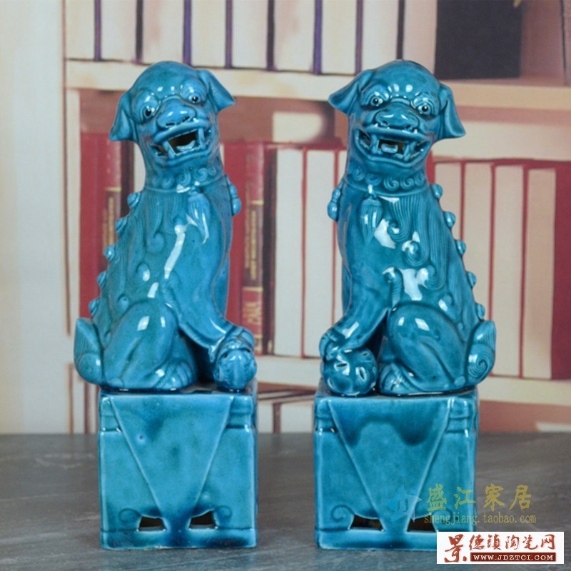 景德镇 陶瓷对狮 狮子狗 雕塑 蓝色 孔雀蓝 陈设 摆设家居