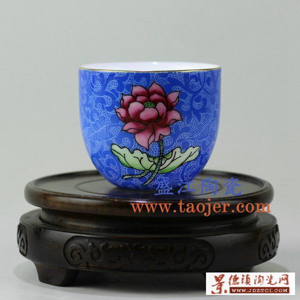景德镇陶瓷杯子单色釉蓝色扒花手绘杯子雍正年制仿古茶碗