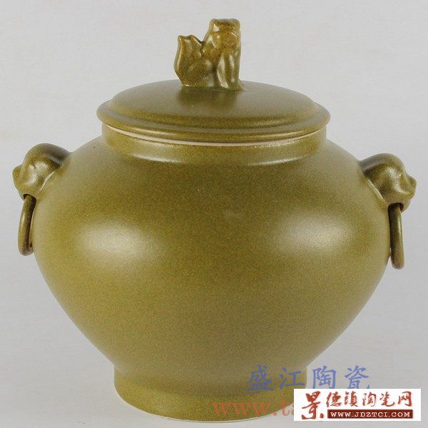 景德镇陶瓷 狮头盖罐 双狮耳茶叶末 茶叶罐