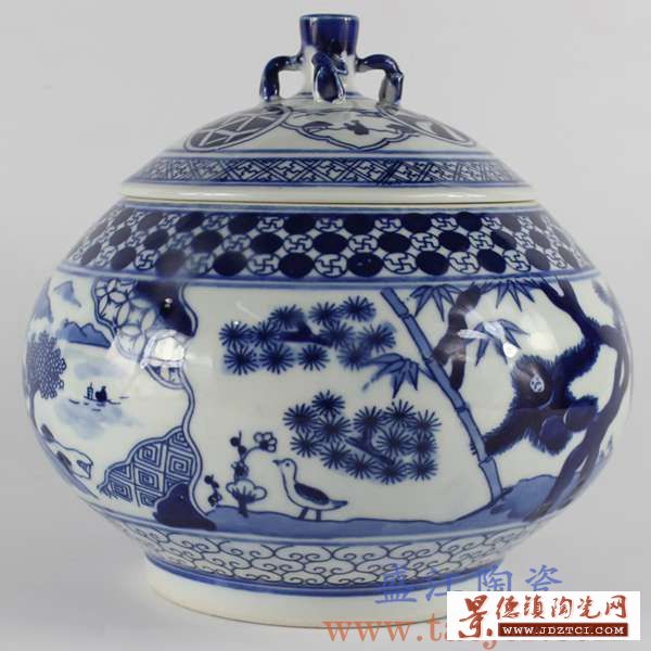 景德镇陶瓷 青花松竹图 茶叶罐 储物罐 盖罐 陶瓷摆件品