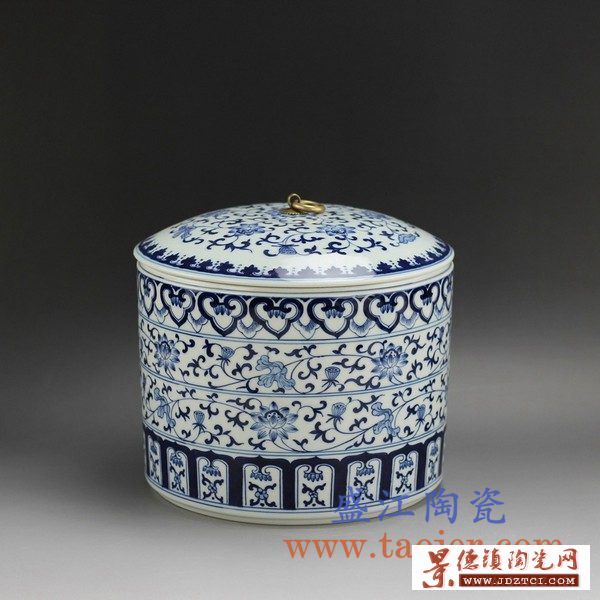 景德镇陶瓷茶叶罐手工手绘青花缠枝莲直筒罐子普洱茶饼罐