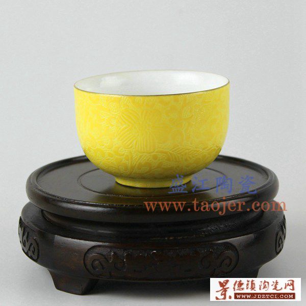 景德镇精品陶瓷 扒花杯品茗杯茶杯 仿古黄色描金 雍正年制