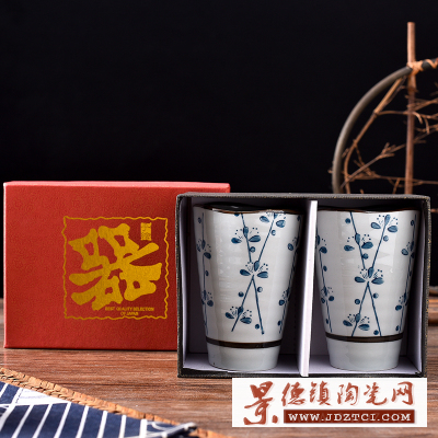 新品中秋送礼手绘青花陶瓷杯 日式釉下彩马克杯对杯套装