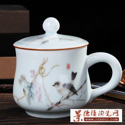 景德镇陶瓷带盖茶杯 古风影青瓷杯 个人杯礼品茶杯定制