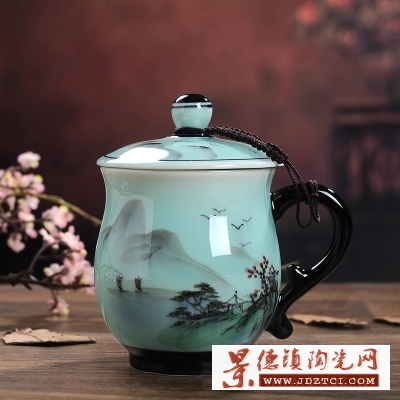 景德镇陶瓷杯带盖手绘茶杯 龙泉青瓷茶杯  家用办公会议杯